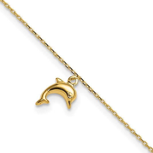 14k Yellow Gold Dolphin Charm Dangle 10" Anklet