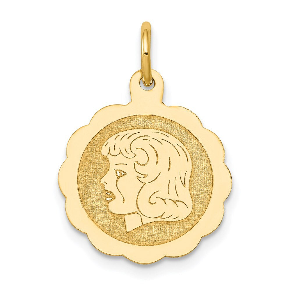 14k Yellow Gold Girl Head on .013 Gauge Engravable Scalloped Disc Charm Pendant