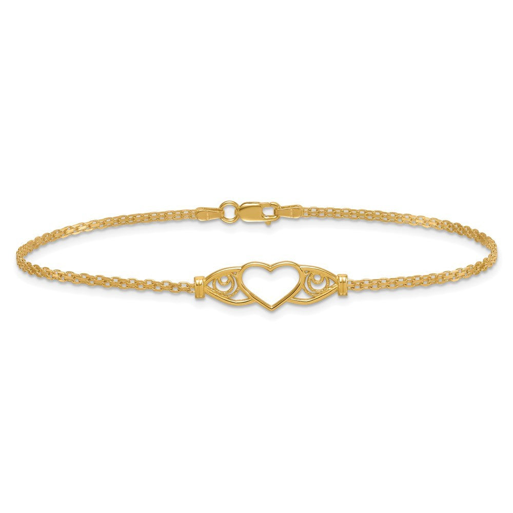 14k Yellow Gold Polished Open Heart with Filigree and Bismark Chain 9" Anklet