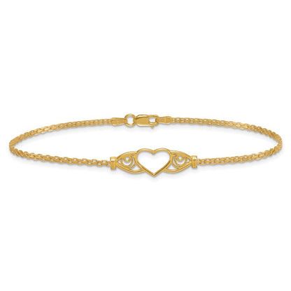 14k Yellow Gold Polished Open Heart with Filigree and Bismark Chain 9" Anklet