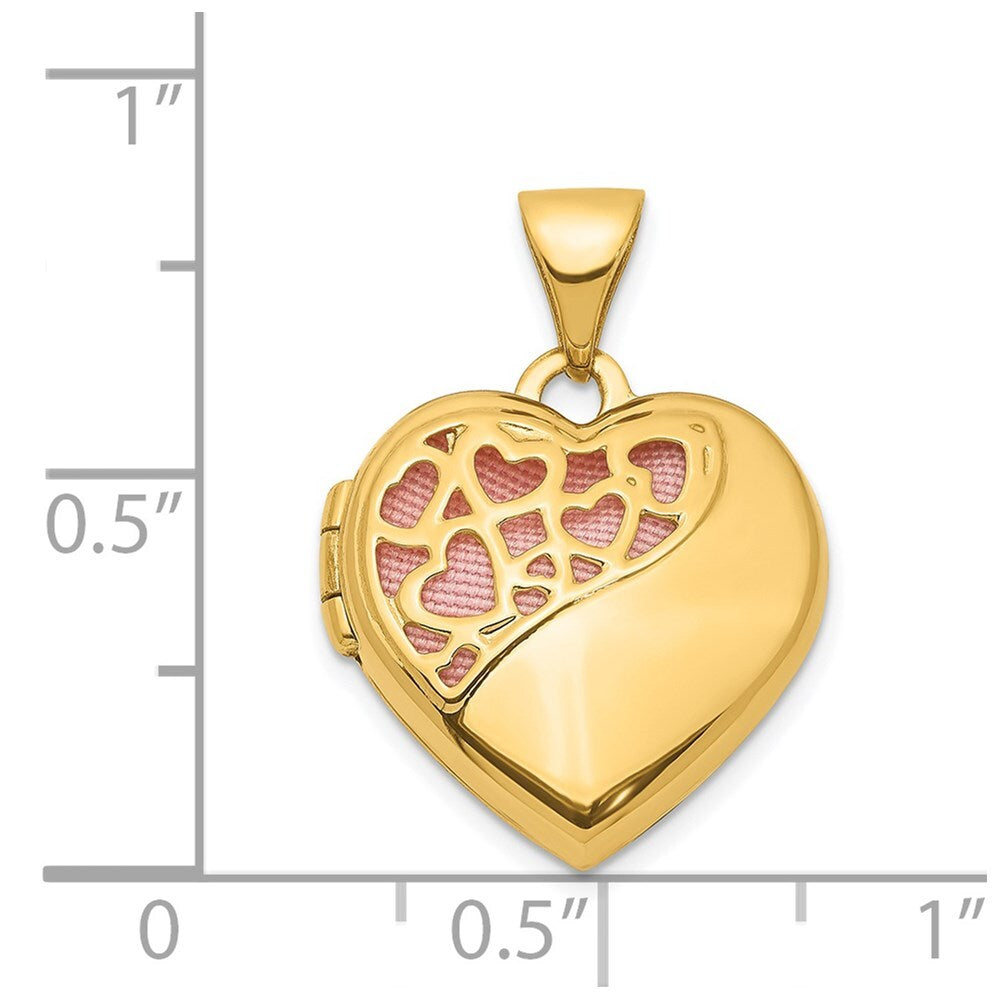 14k Yellow Gold Hearts Cut Out 16mm Pink Fabric Heart Locket Pendant for Women
