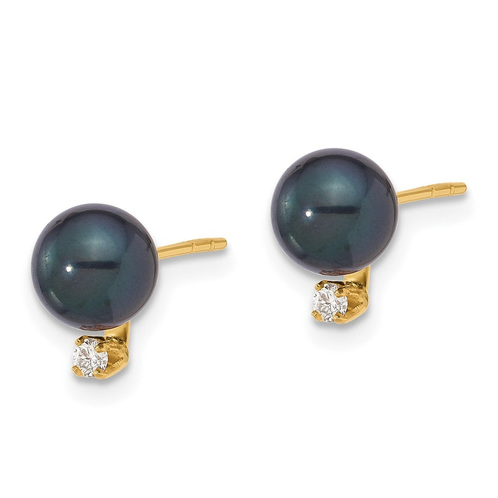 14k Yellow Gold 6-7mm Black Akoya Saltwater Cultured Pearl & Diamond Earrings