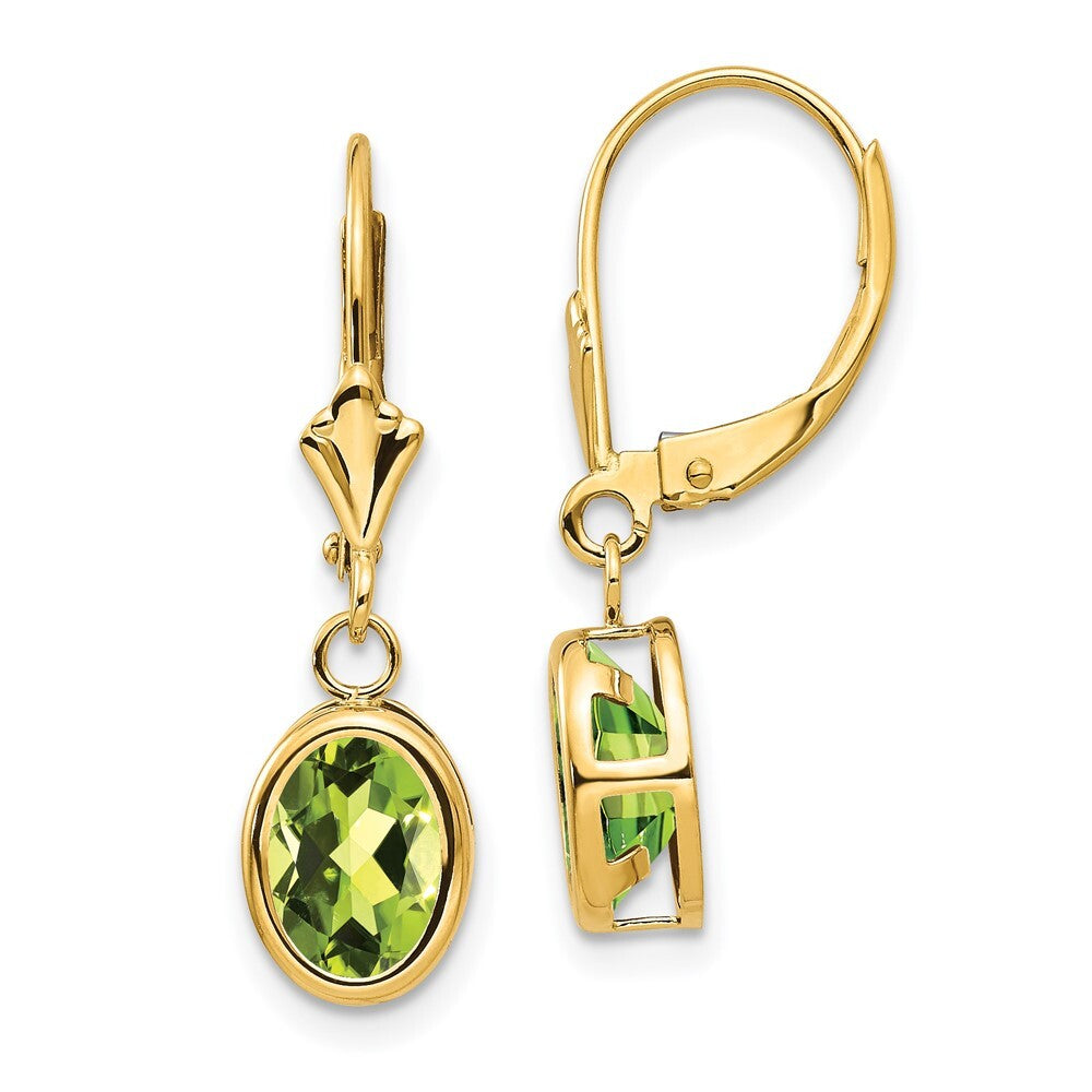 14k Yellow Gold 8x6mm Oval Peridot Leverback Earrings Gift for Women