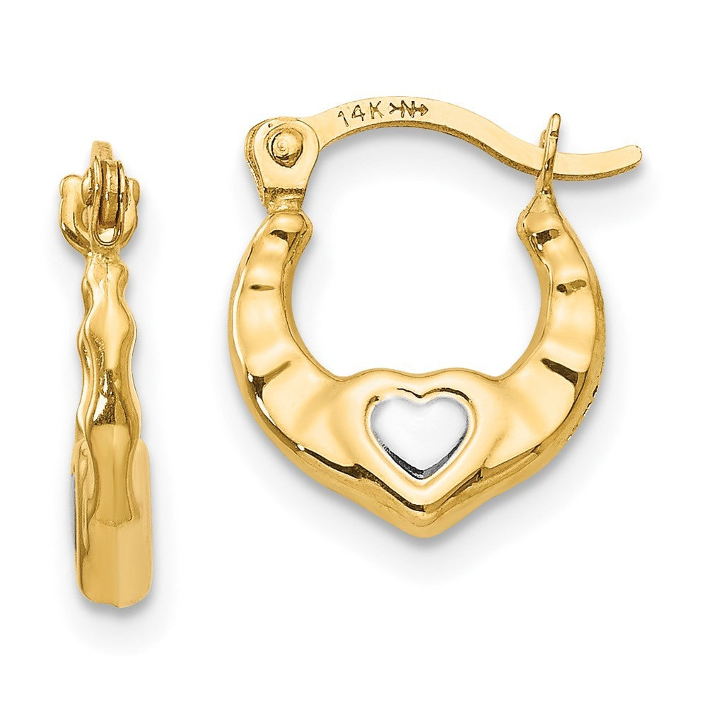 14k Yellow Gold w/Rhodium Heart Hollow Hoop Earrings