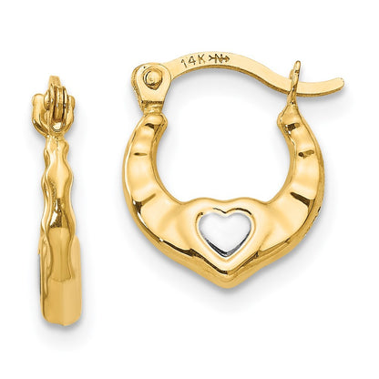 14k Yellow Gold w/Rhodium Heart Hollow Hoop Earrings