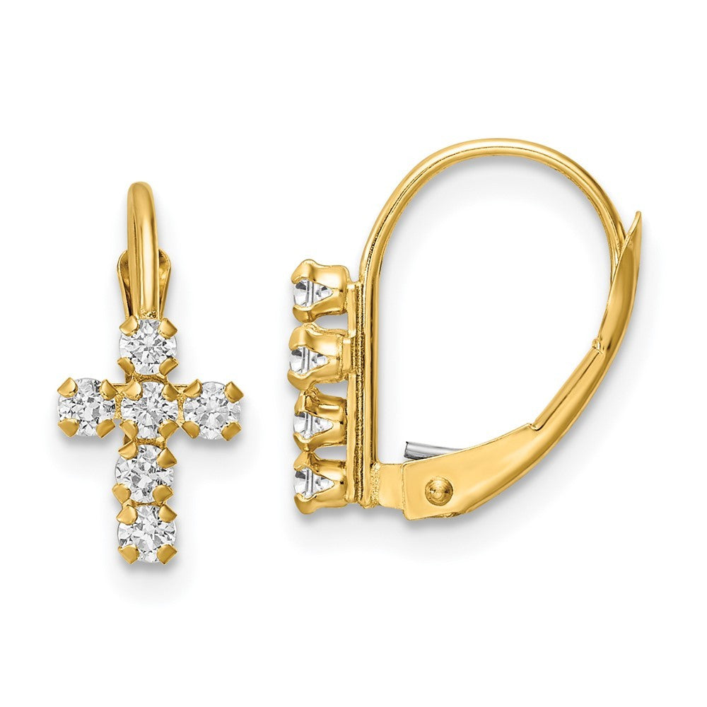 14k Yellow Gold CZ Polished Leverback Cross Earrings