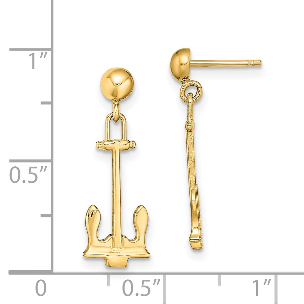 14k Yellow Gold Polished Navy Anchor Dangle Earrings Gift for Women