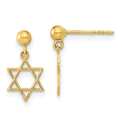 14k Yellow Gold Polished Star of David Dangle Earrings Gift for Women