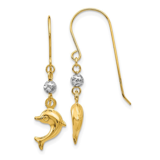 14K Two Toned Puffed Dolphin Drop Dangle Earrings w/ Shepherd Hook