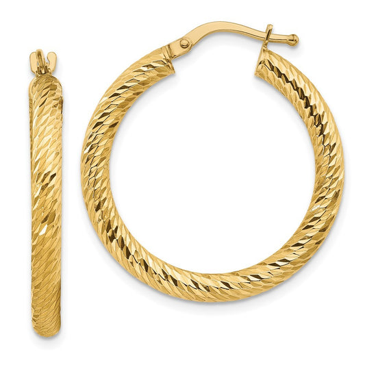 14k Yellow Gold 3x20mm Diamond-cut Round Hoop Earrings