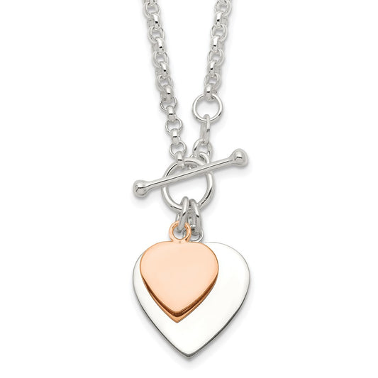 Sterling Silver w/Rose gold-plat Engraveable Double Heart Toggle Necklace