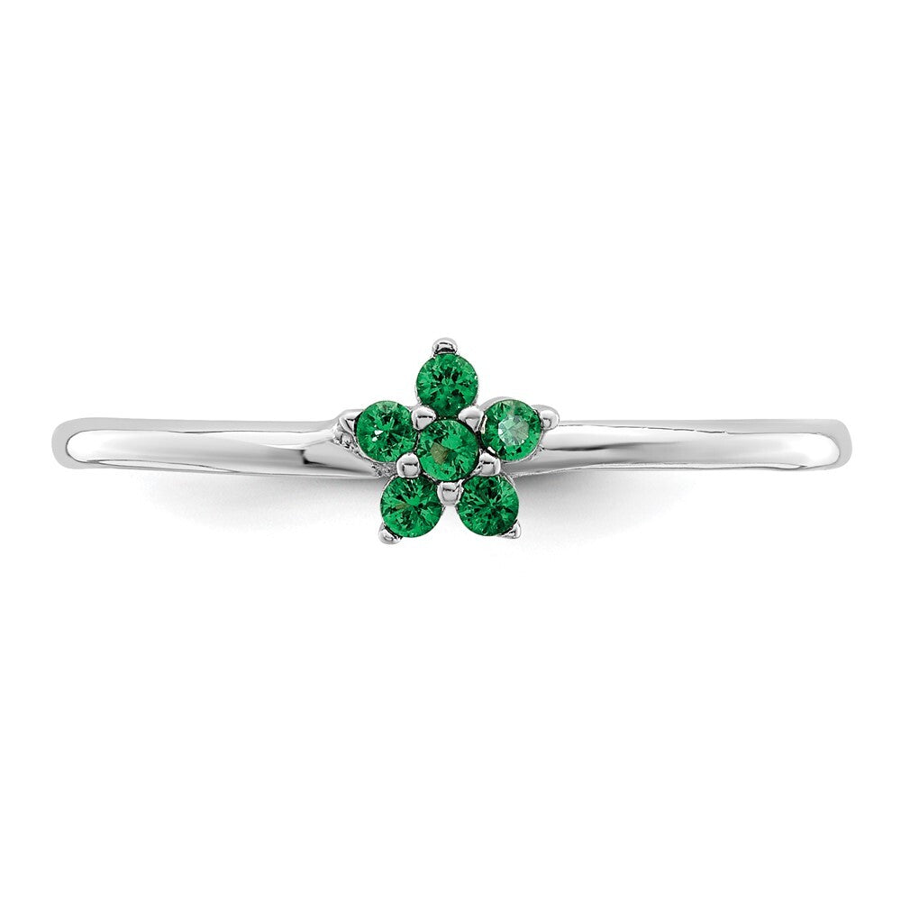 Sterling Silver Rhodium-plated Polished Green CZ Flower Ring Size 8