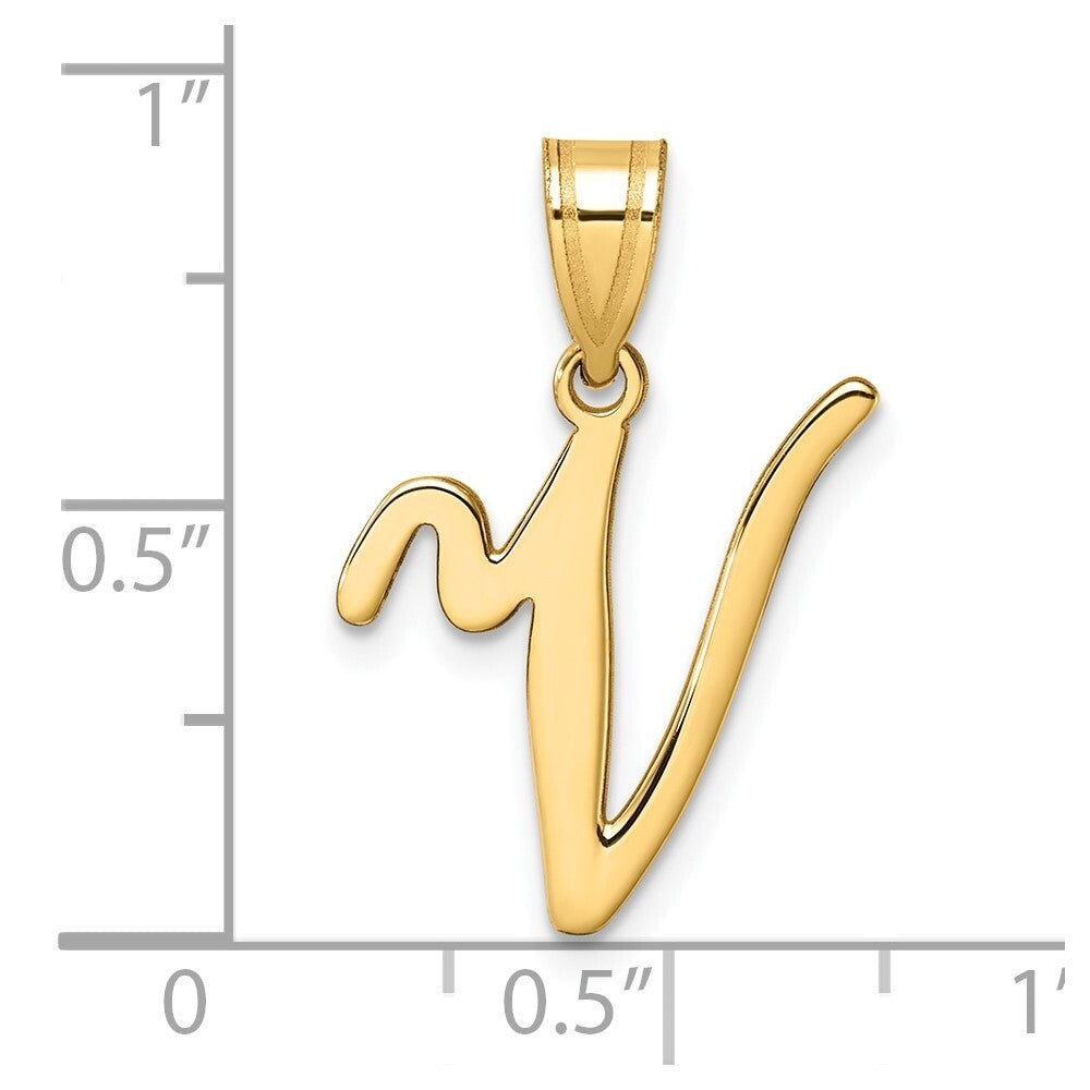 14k Yellow Gold Script Letter V Initial Pendant for Women