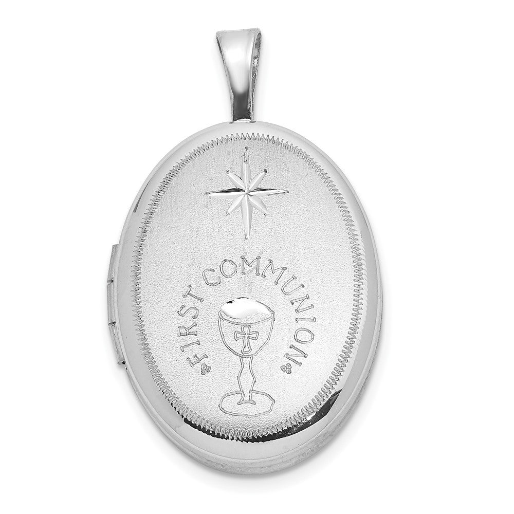 Sterling Silver Rhodium-plated Diamond-Cut First Communion 19x15mm Oval Locket