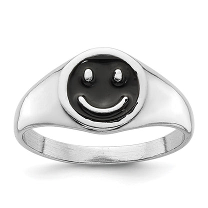 Sterling Silver Rhodium-plated Black Enamel Smiley Face Ring Size 8