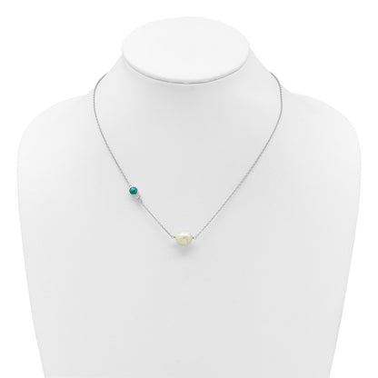 Sterling Silver CZ, Turquoise & Freshwater Cultured Pearl Necklace 16" w/ 2" Ext