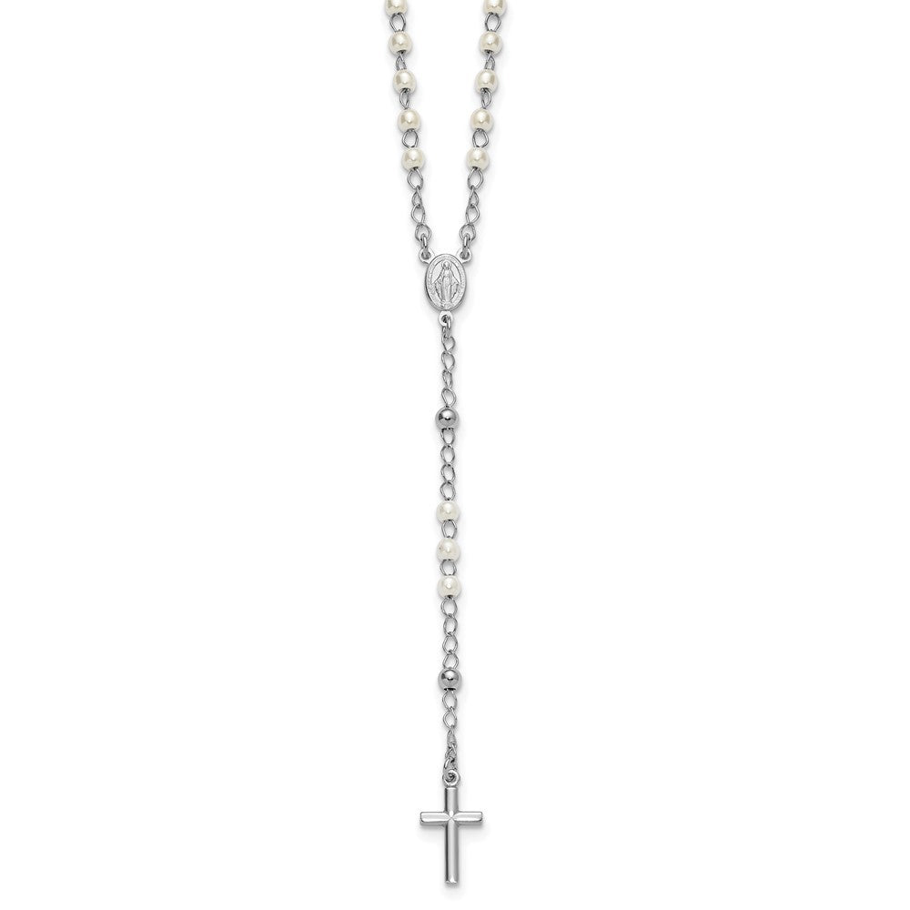 Sterling Silver Plastic Imitation Pearl Rosary Necklace 19.75+1"