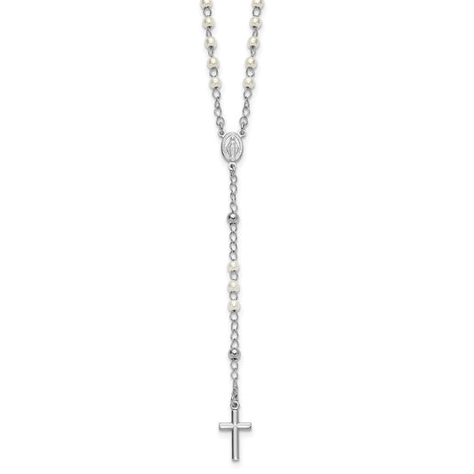 Sterling Silver Plastic Imitation Pearl Rosary Necklace 19.75+1"