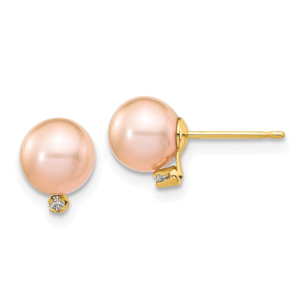 14k Yellow Gold 5-6mm Pink Cultured Pearl & .02 Carat Diamond Stud Earrings