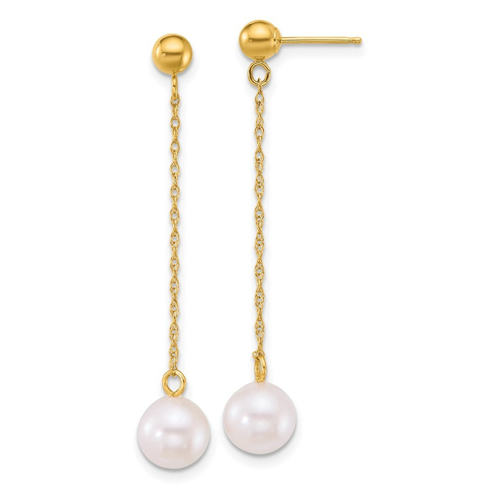 14k Yellow Gold Polished Akoya Saltwater Cultured Pearl Chain Dangle Earrings