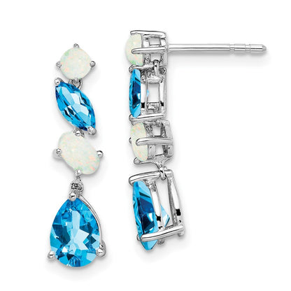 14k White Gold Blue Topaz and Opal Dangle Earrings Gift for Women