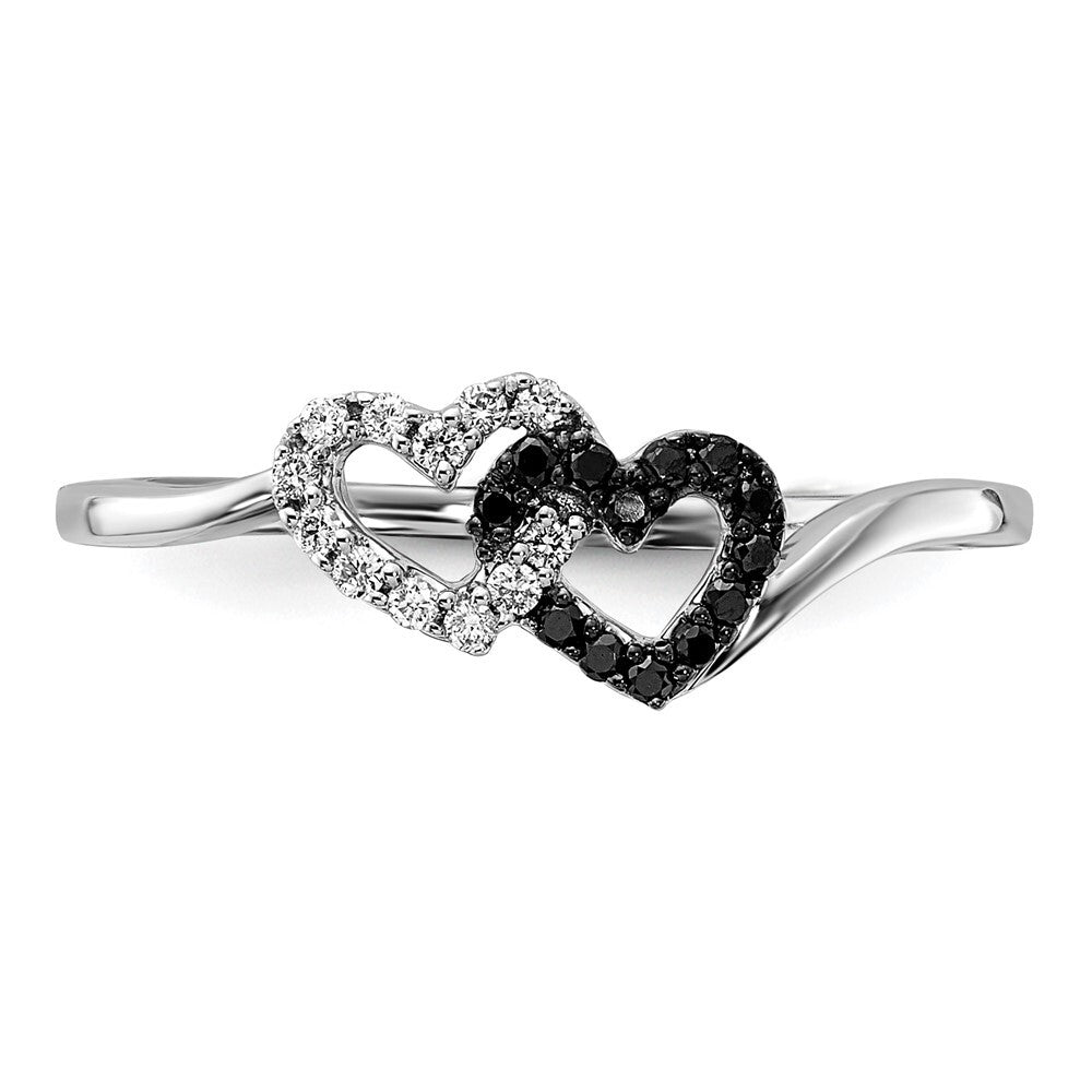 14k White Gold Black and White Diamond Double Heart Ring Size 6
