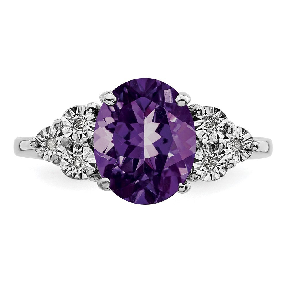 Sterling Silver Rhodium-plated Diamond & Oval Amethyst Ring Size 7