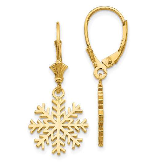 14k Yellow Gold Snowflake Dangle Earrings Leverback Gift for Women