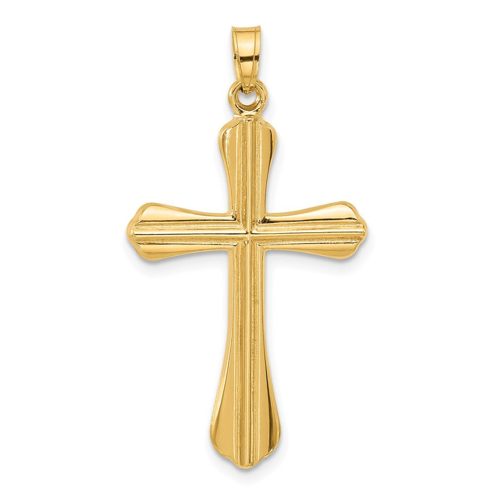 14k Yellow Gold Polished and Grooved Hollow Cross Pendant