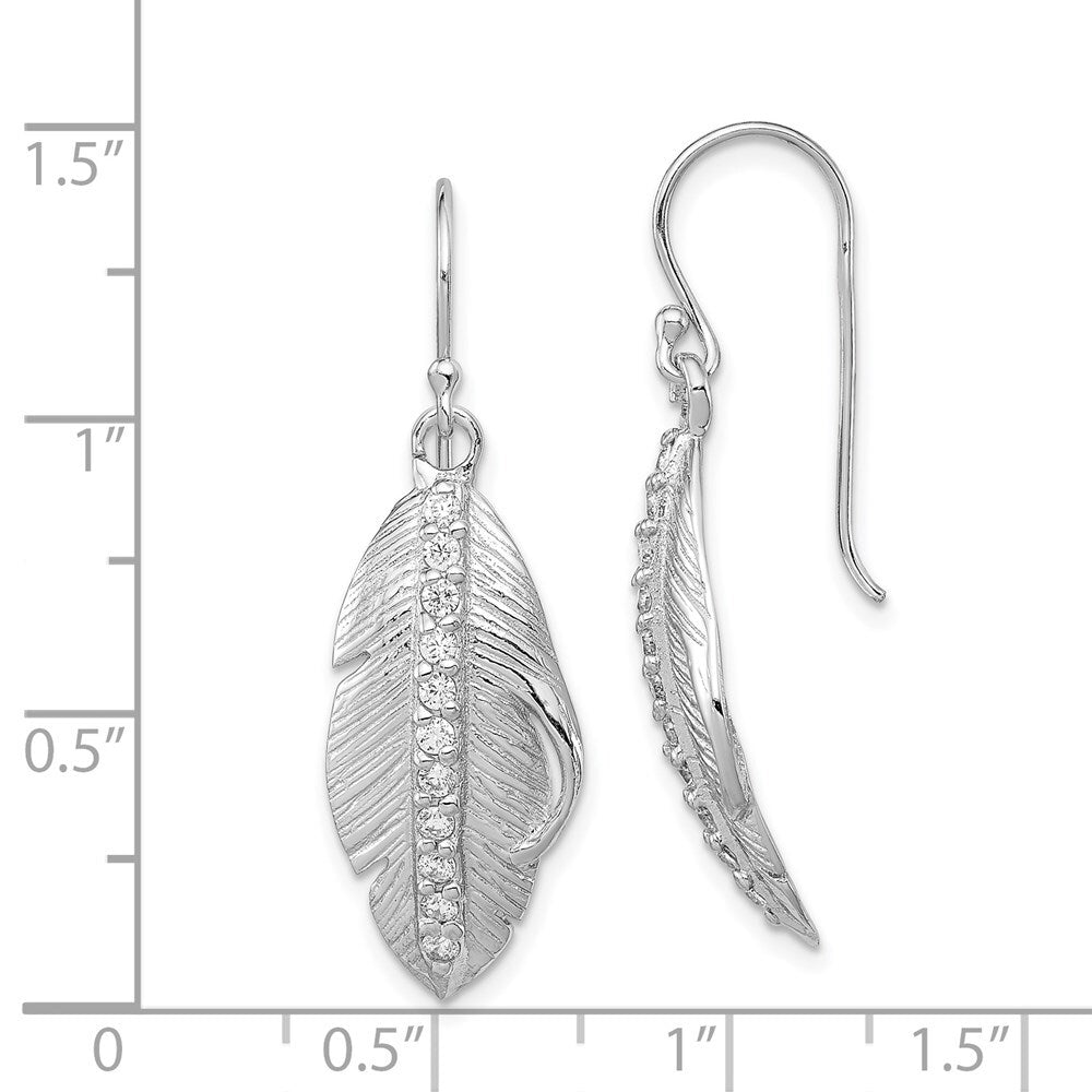 Sterling Silver RH-plated Cubic Zirconia Textured Feather Shepherd Hook Earrings