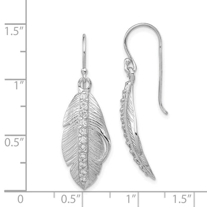 Sterling Silver RH-plated Cubic Zirconia Textured Feather Shepherd Hook Earrings