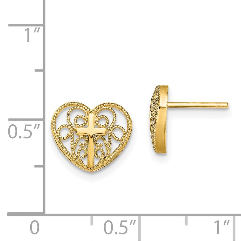 14k Yellow Gold Heart Cross Stud Earrings Gift for Women