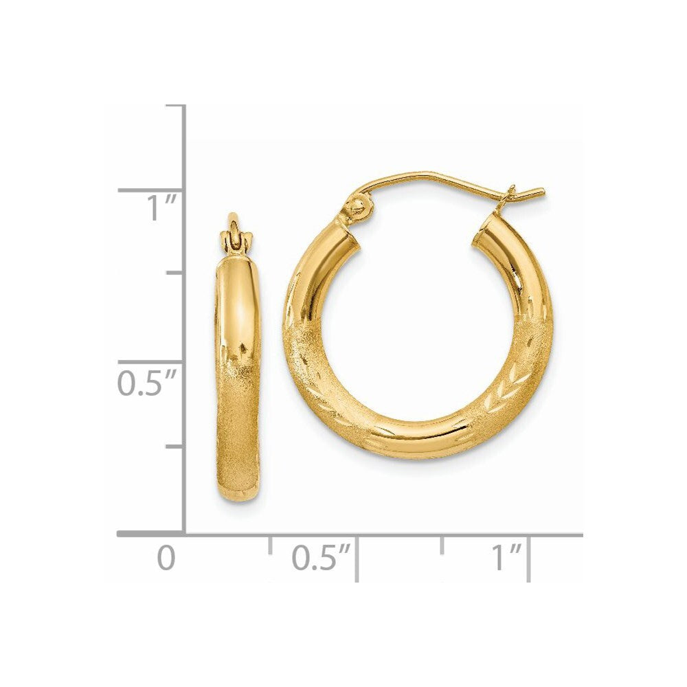14k Yellow Gold Satin and Diamond-cut 3mm Round Hoop Earrings Gift for Women