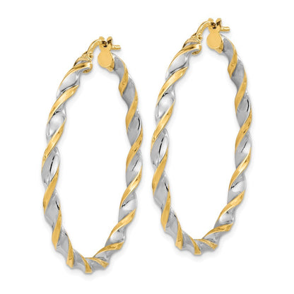 14k Yellow Gold & White Rhodium Polished & Twist Hoop Earrings