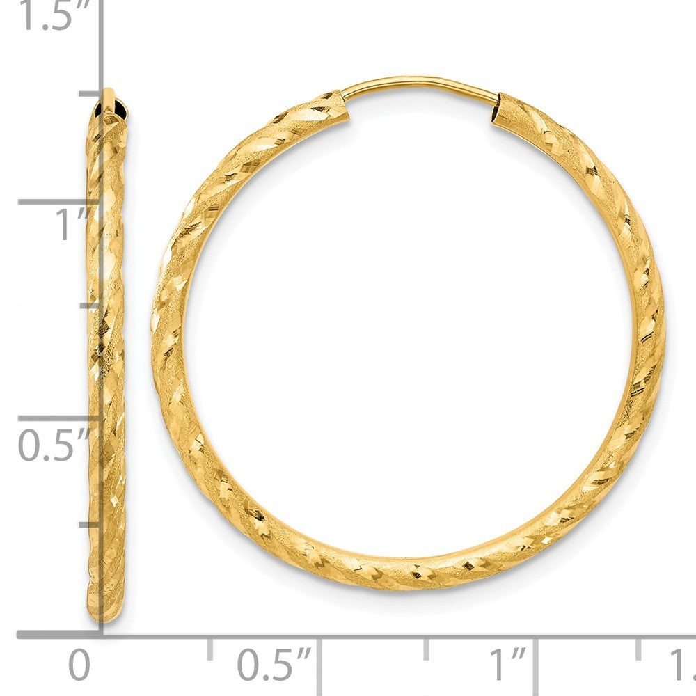 14k Yellow Gold Polished and Satin Diamond-Cut 2mm Endless Hoop Earrings