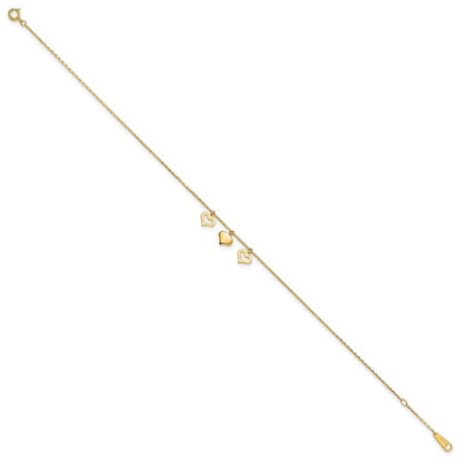 14k Yellow Gold Three Heart Dangles 10" Anklet