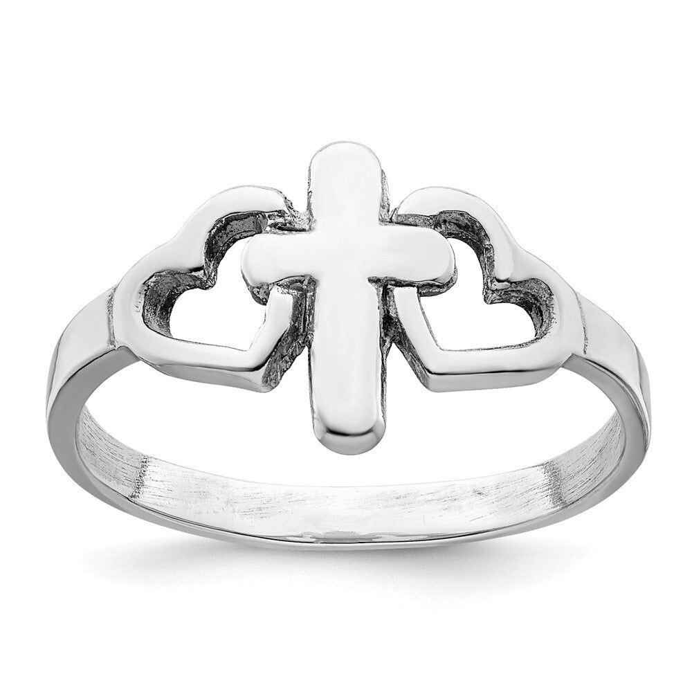 Sterling Silver Rhodium plated Hearts & Cross Ring Size 6