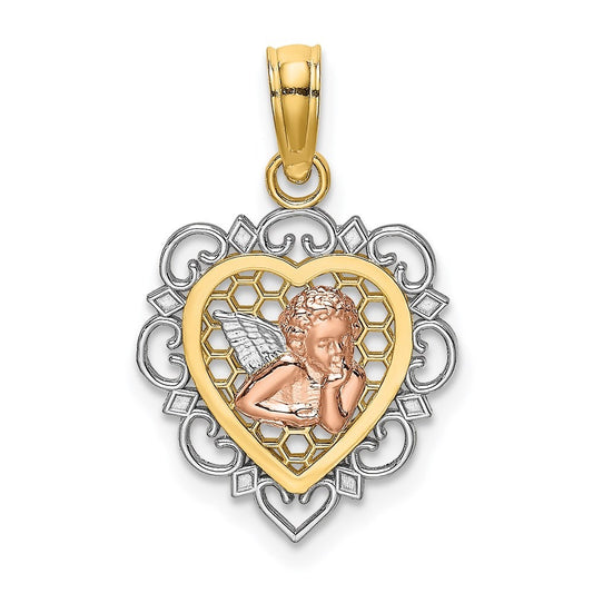 14K Two-tone w/White Rhodium Small Angel In Heart Charm