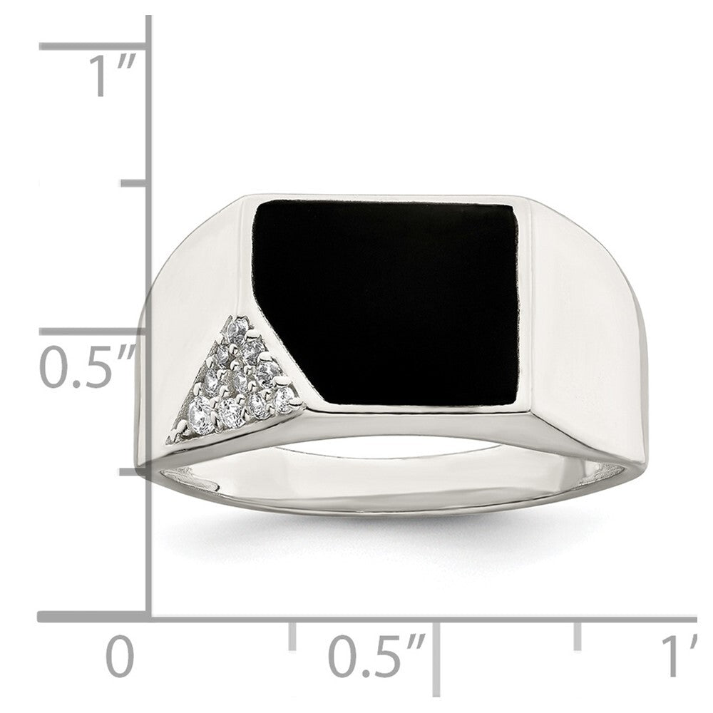 Sterling Silver Black Enameled and CZ Mens Ring Size 9