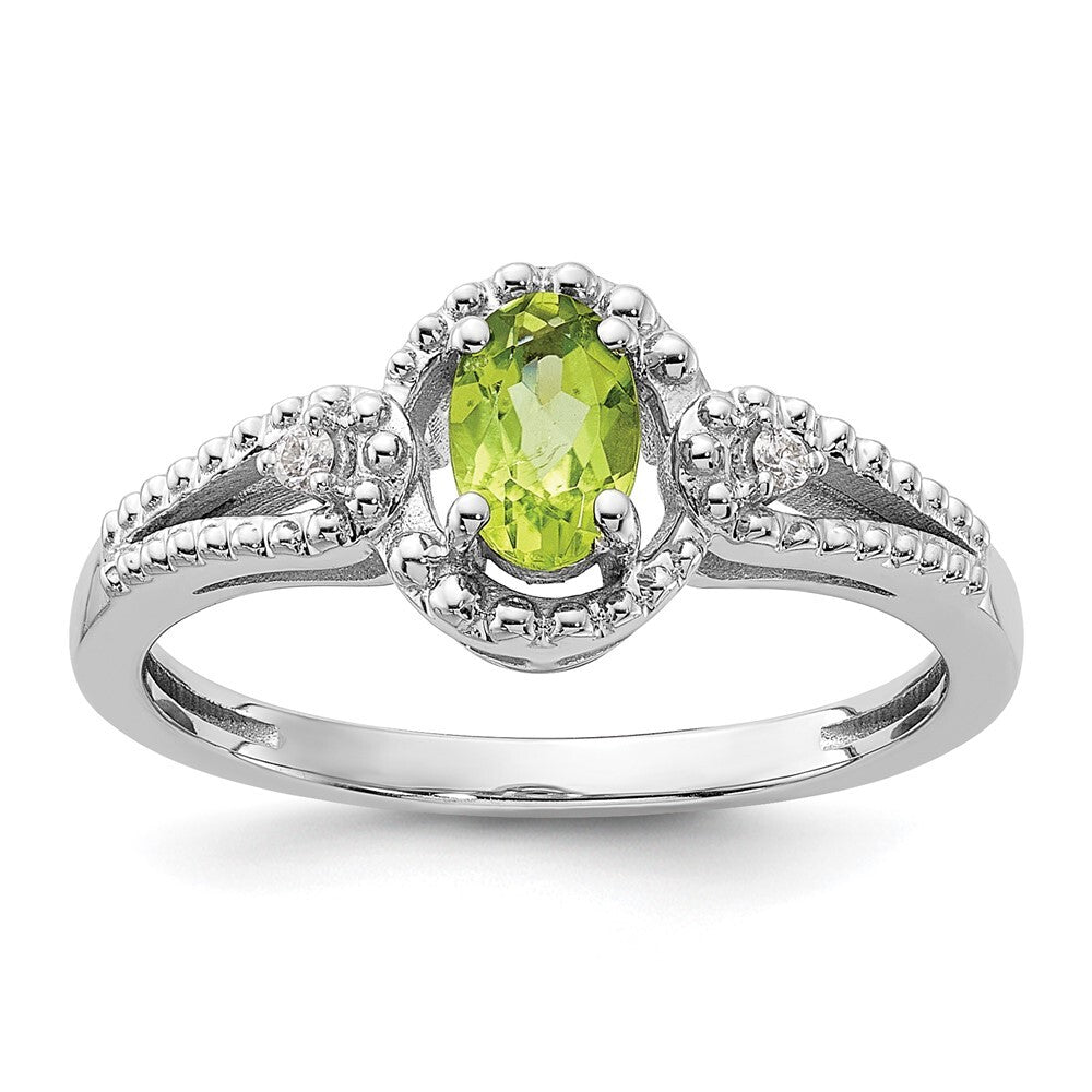 Sterling Silver Rhodium-plated Peridot & Diamond Ring