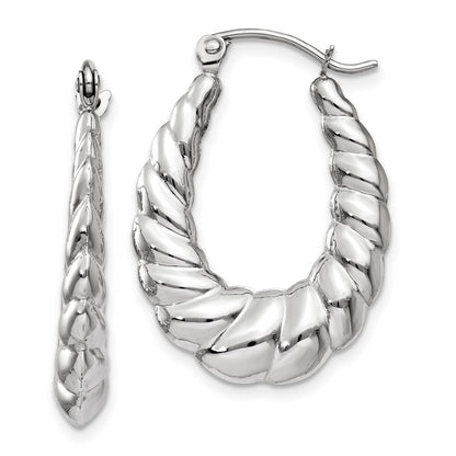 14k White Gold Polished and Textured Oval Hoop Earrings Gift for Women