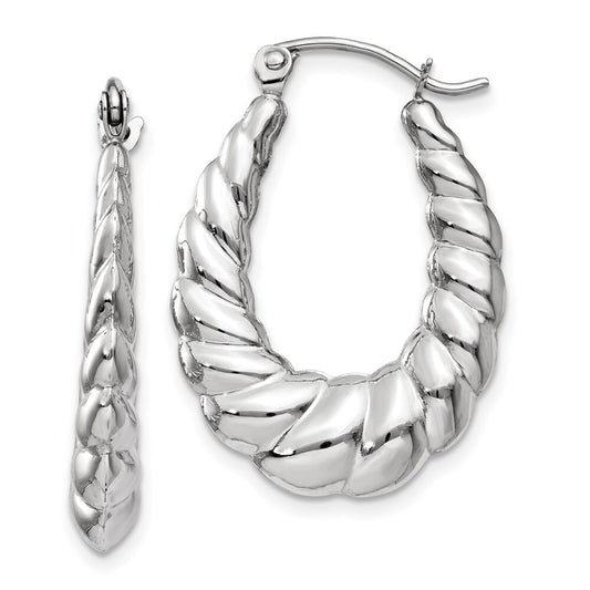 14k White Gold Polished and Textured Oval Hoop Earrings Gift for Women