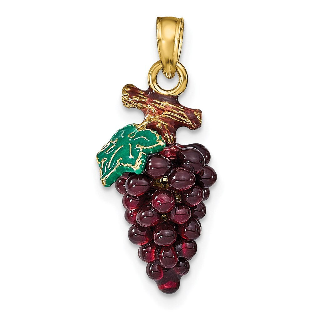 14k Yellow Gold 3-D ENAMEL PURPLE GRAPES STEM & LEAF Pendant for Women