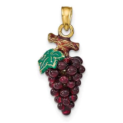 14k Yellow Gold 3-D ENAMEL PURPLE GRAPES STEM & LEAF Pendant for Women