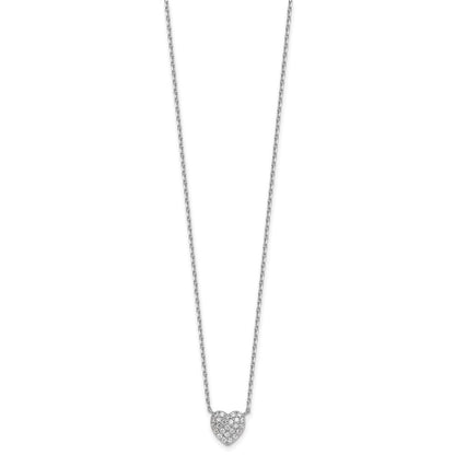 Sterling Silver Rhodium-plated  Pave CZ Heart 16" with 2" Extension Necklace