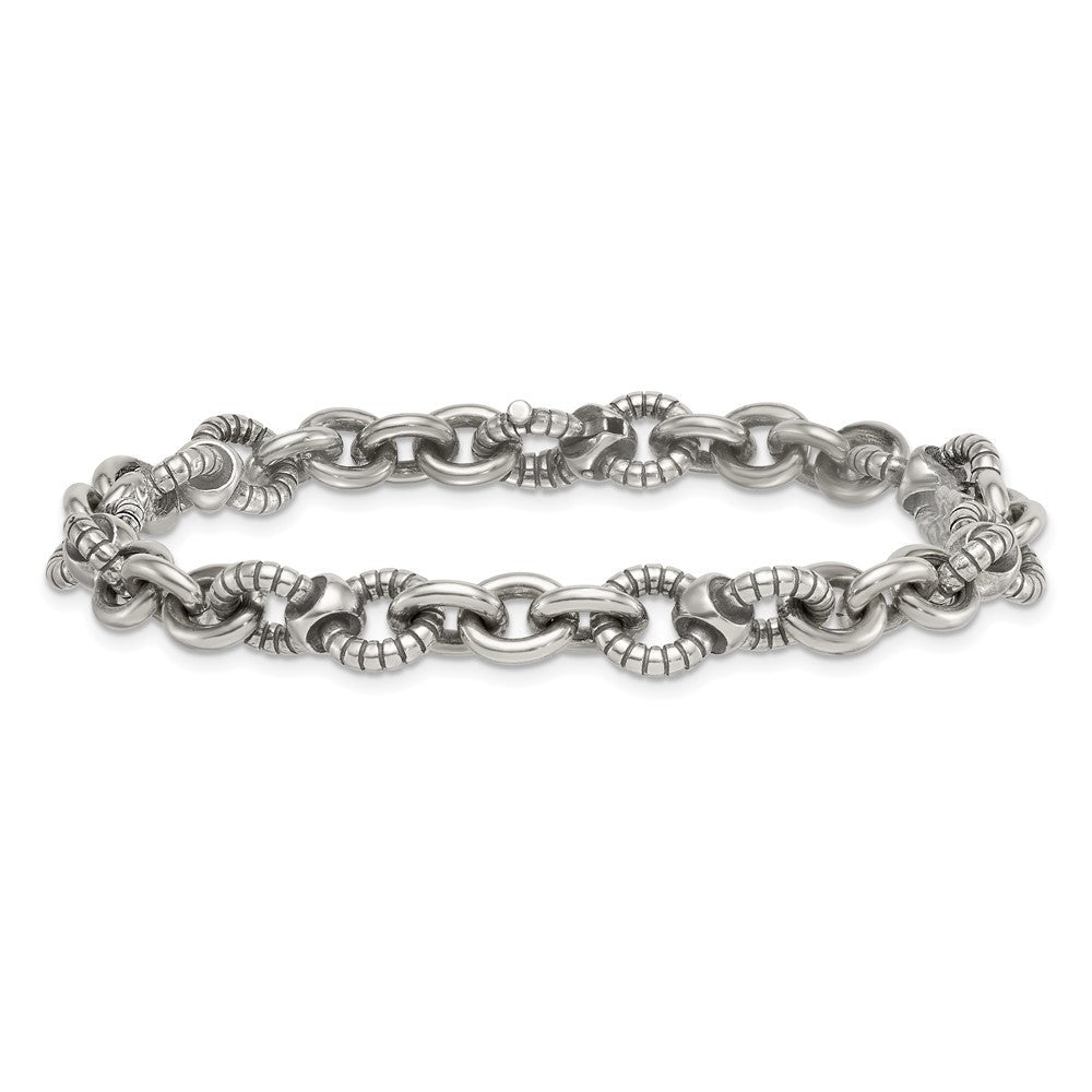 Sterling Silver Oxidized and Textured Round Fancy Cable Link Mens 8.25" Bracelet