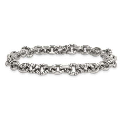 Sterling Silver Oxidized and Textured Round Fancy Cable Link Mens 8.25" Bracelet
