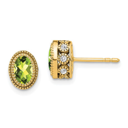 14k Yellow Gold Oval Peridot and Diamond Stud Earrings