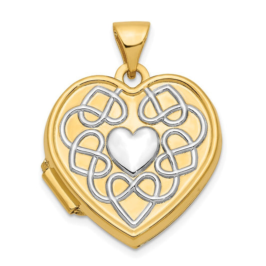 14k Yellow Gold Rhodium Knotted Heart of Gold Reversible Heart Locket Pendant