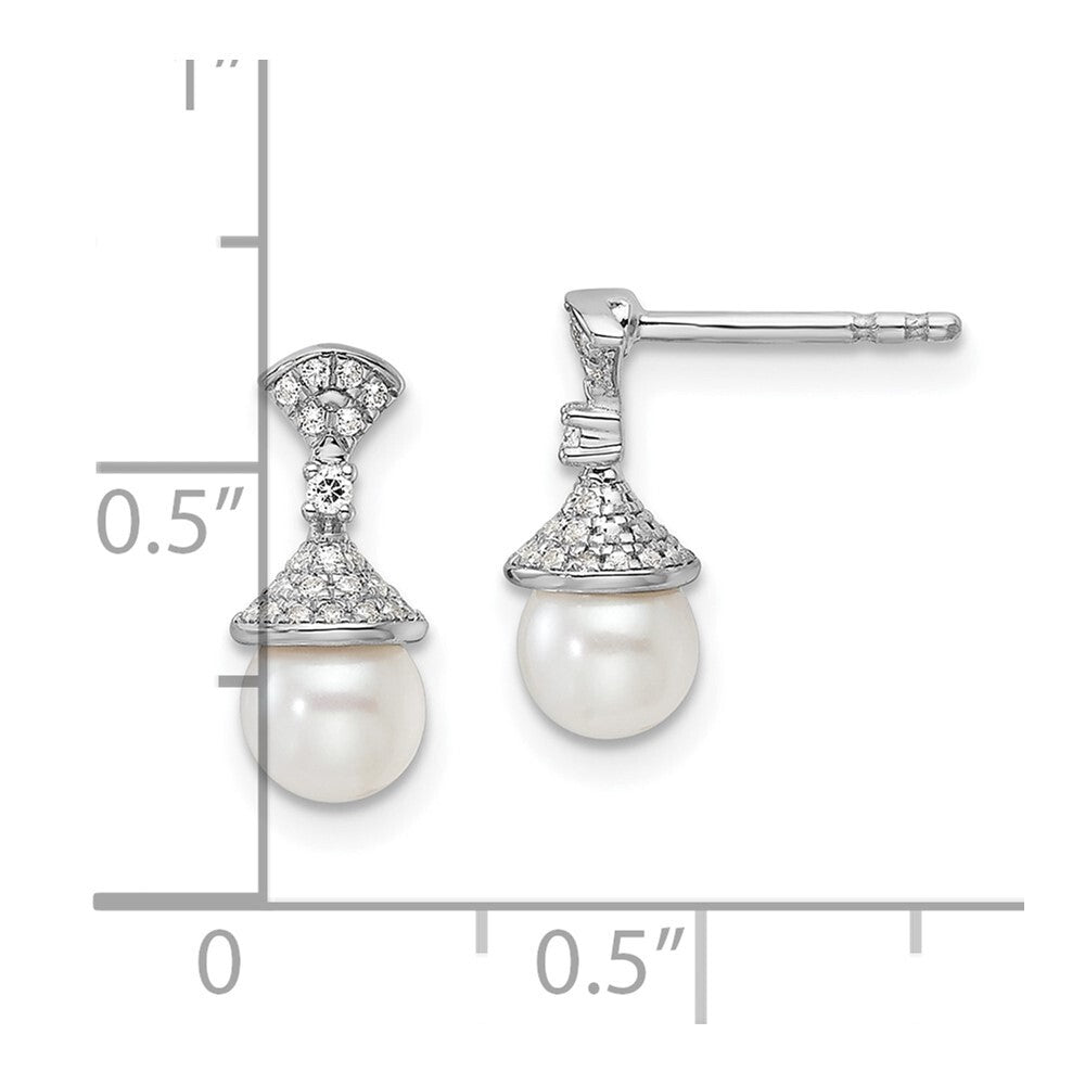 14K White Gold Polished Diamond and Pearl Drop Stud Earrings